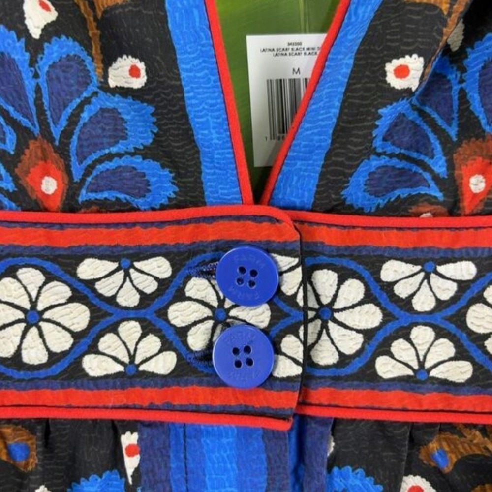 FARM RIO Latina Scarf Mini Dress Sz Medium Blue Mosaic Floral Cotton Long Sleeve - Picture 9 of 16